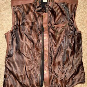 Spirit Halloween Steampunk Vest  XL Brown Striped Faux Leather Buckles Chain